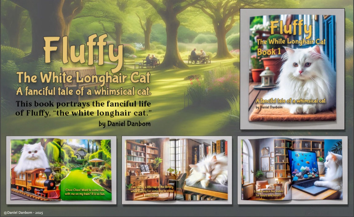 Fluffy the White Longhair Cat book cover and sample pages panel